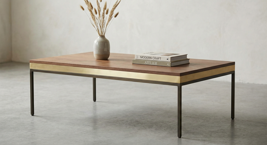 Coffee table with perimeter metal inlay