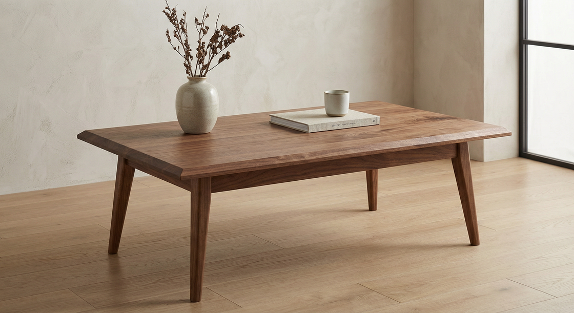 Coffee table with refined timber top and tapered legs
