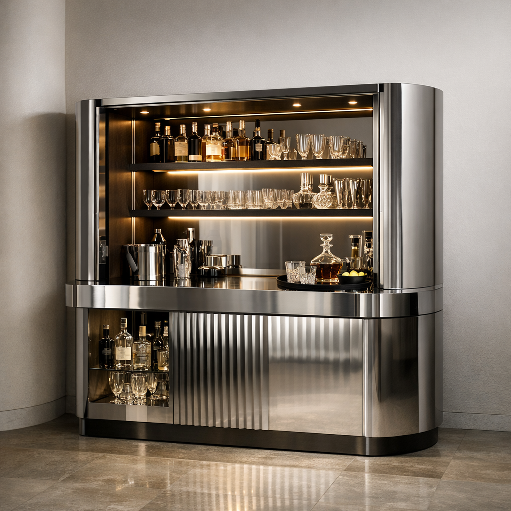 Contemporary bar with lighting and polished metal
