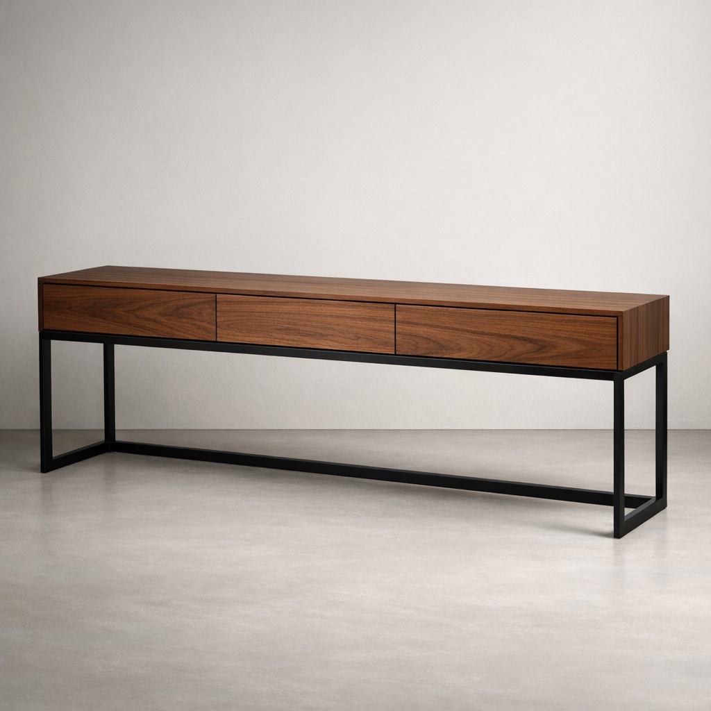 Linear console with metal accents