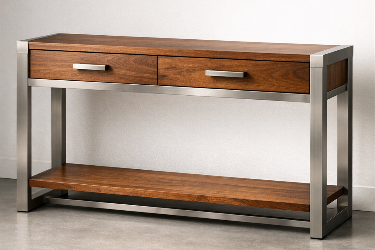 Wood console with metal detailing — 1