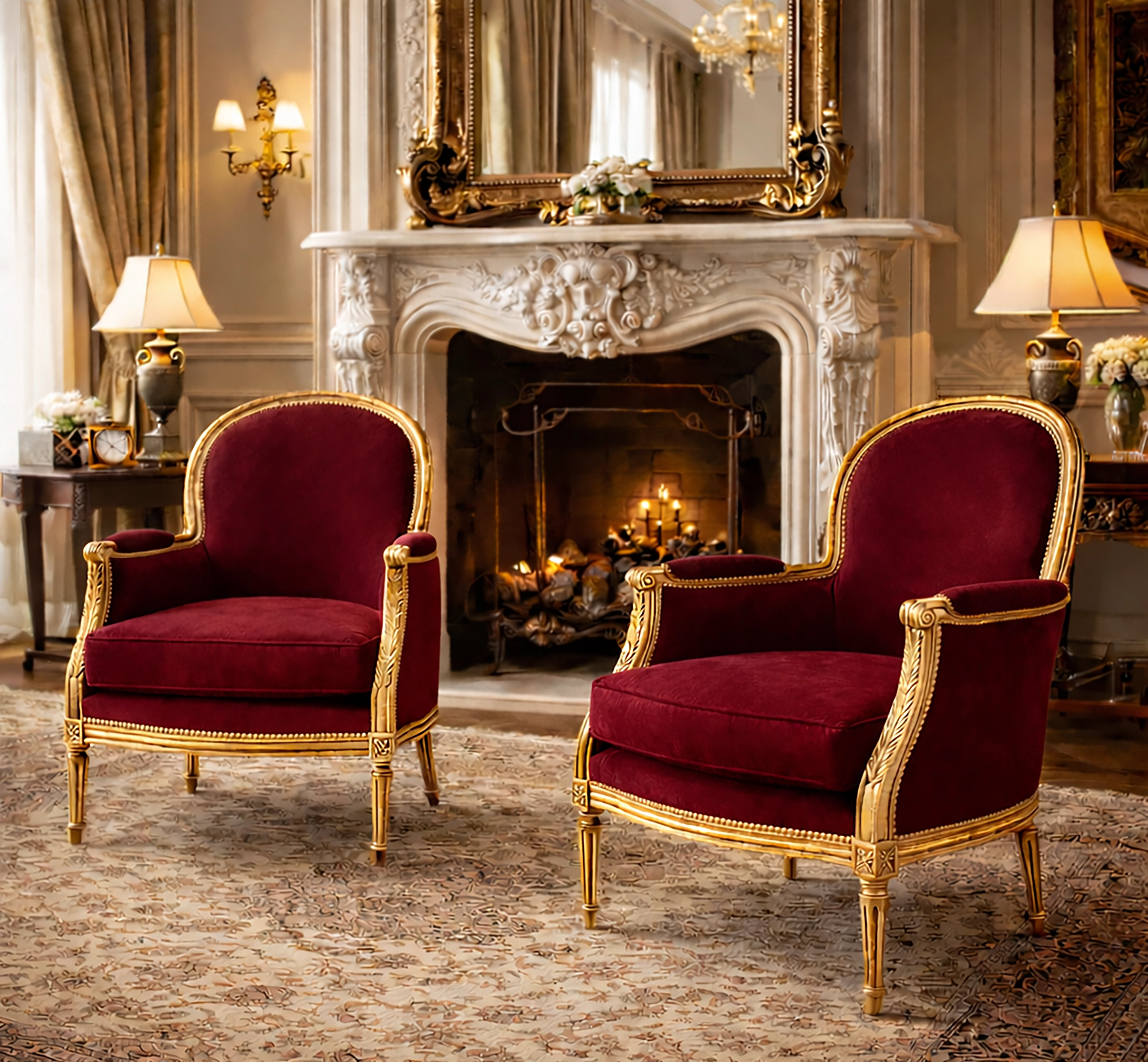 Poltrona, folha de ouro e camurça bordeaux