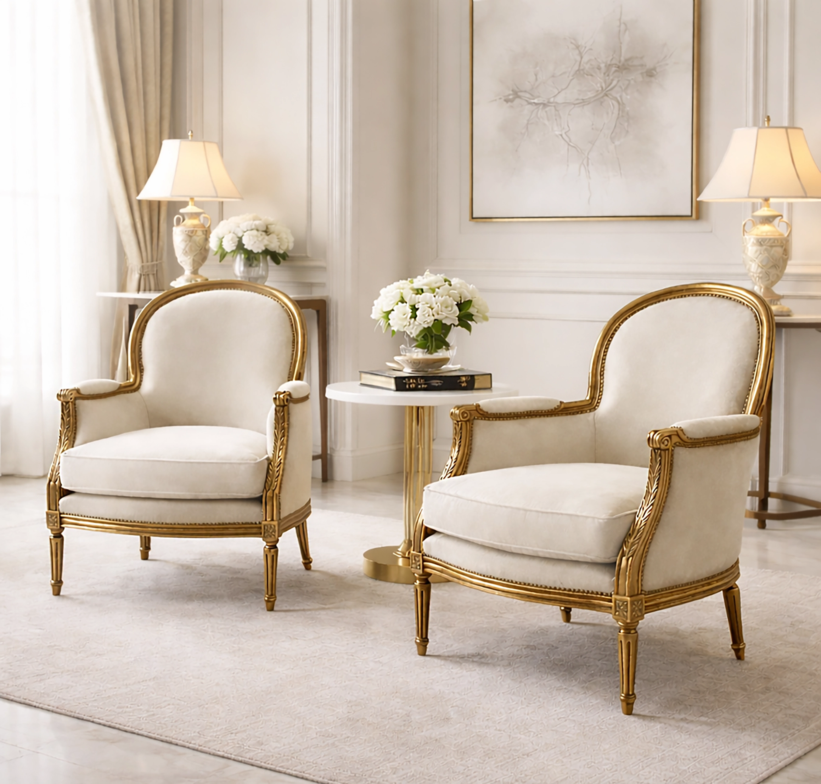 Poltrona Louis XVI, folha de ouro e camurça cloud dancer