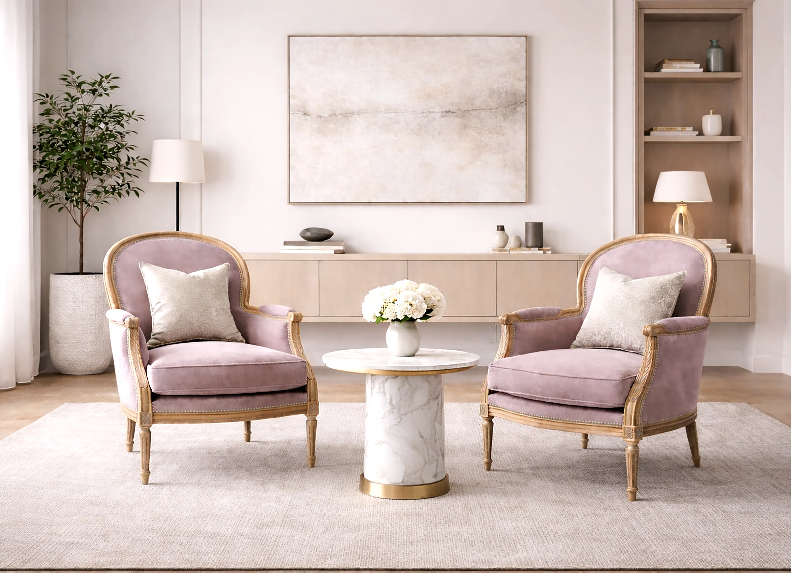 Poltrona Louis XVI, acabamento natural e camurça malva