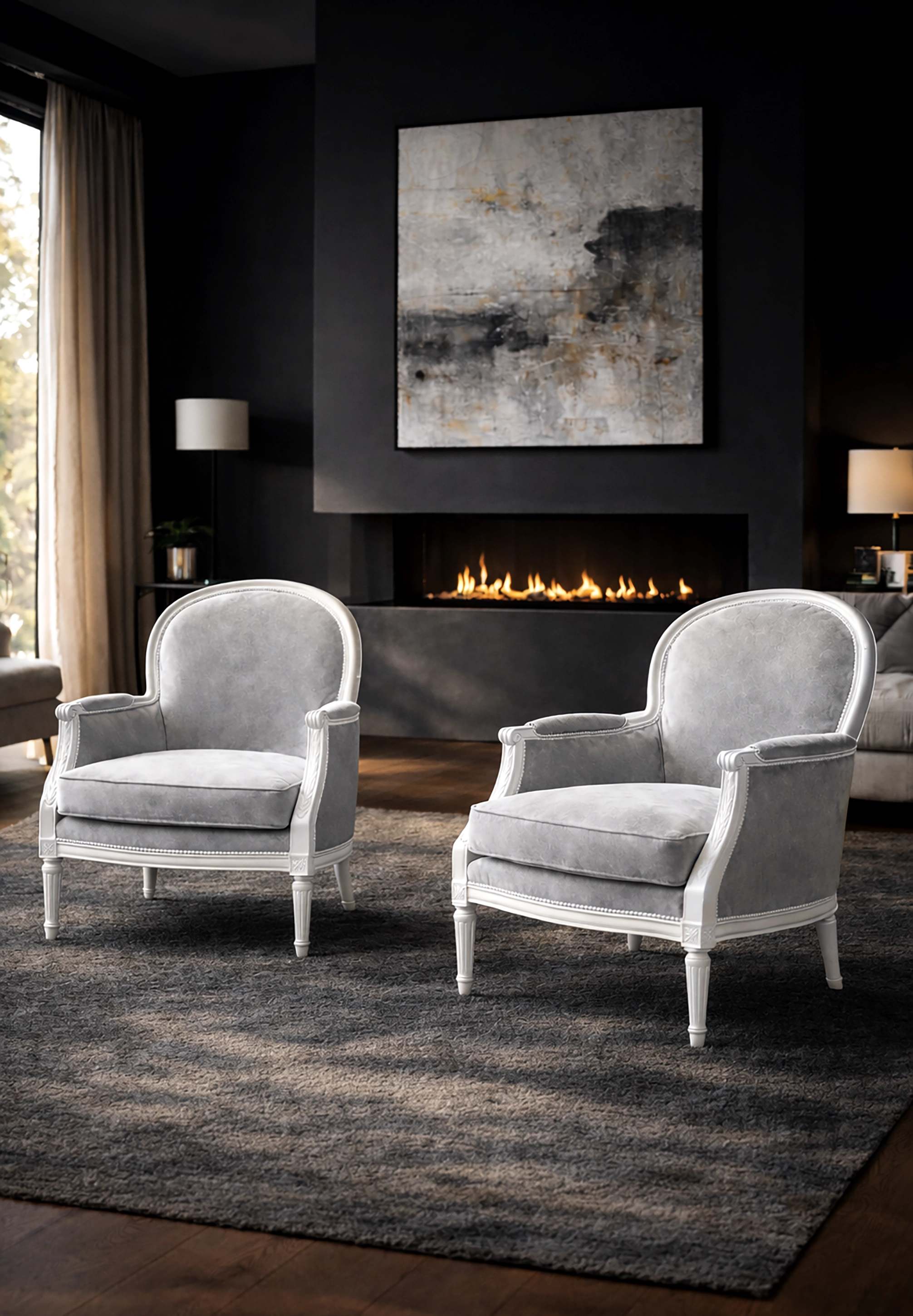 Poltrona Louis XVI, camurça cinza prateado e acabamento cloud dancer