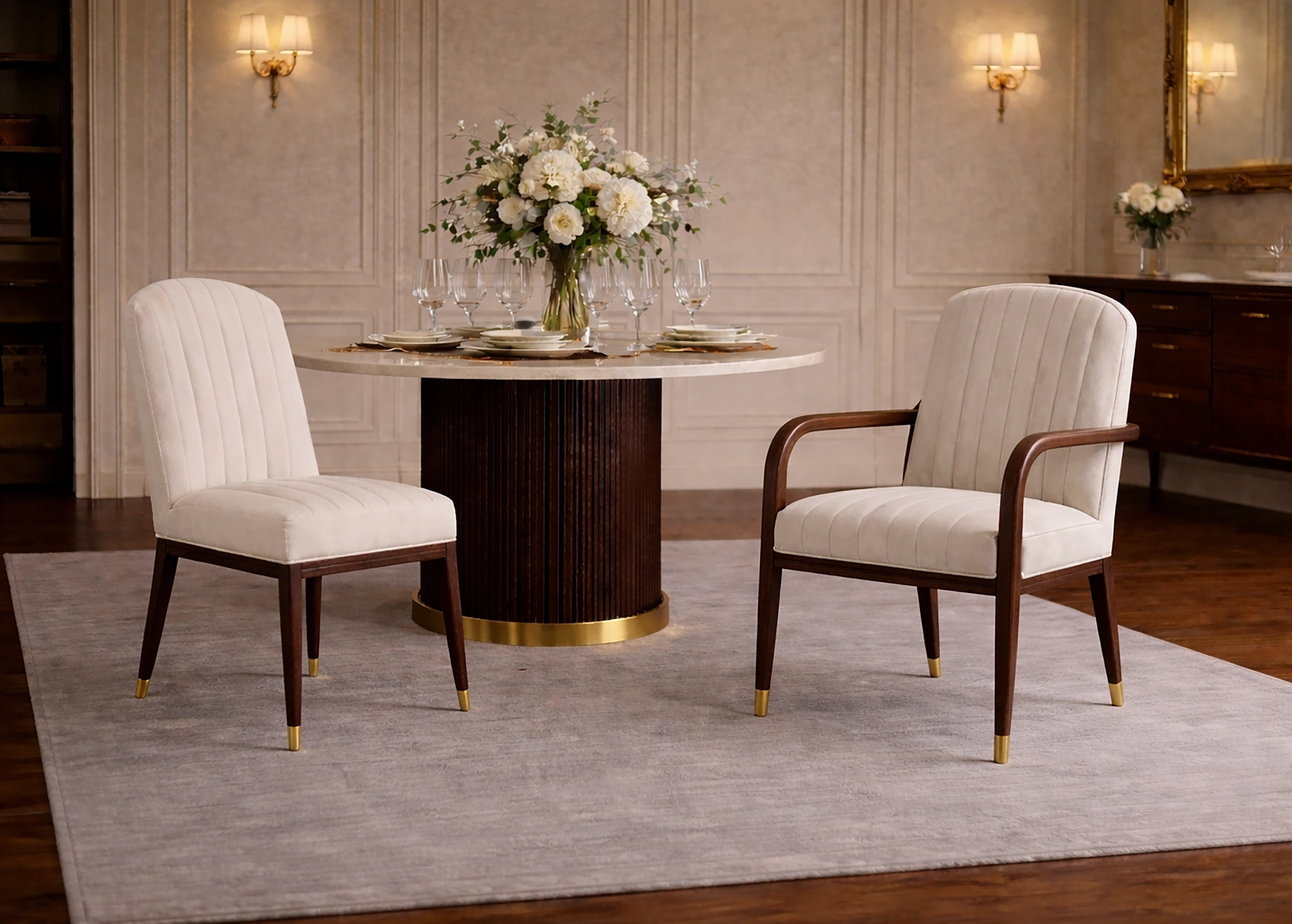 Chaise de salle à manger, chaise et fauteuil en acajou, finition acrylique et daim — image 1