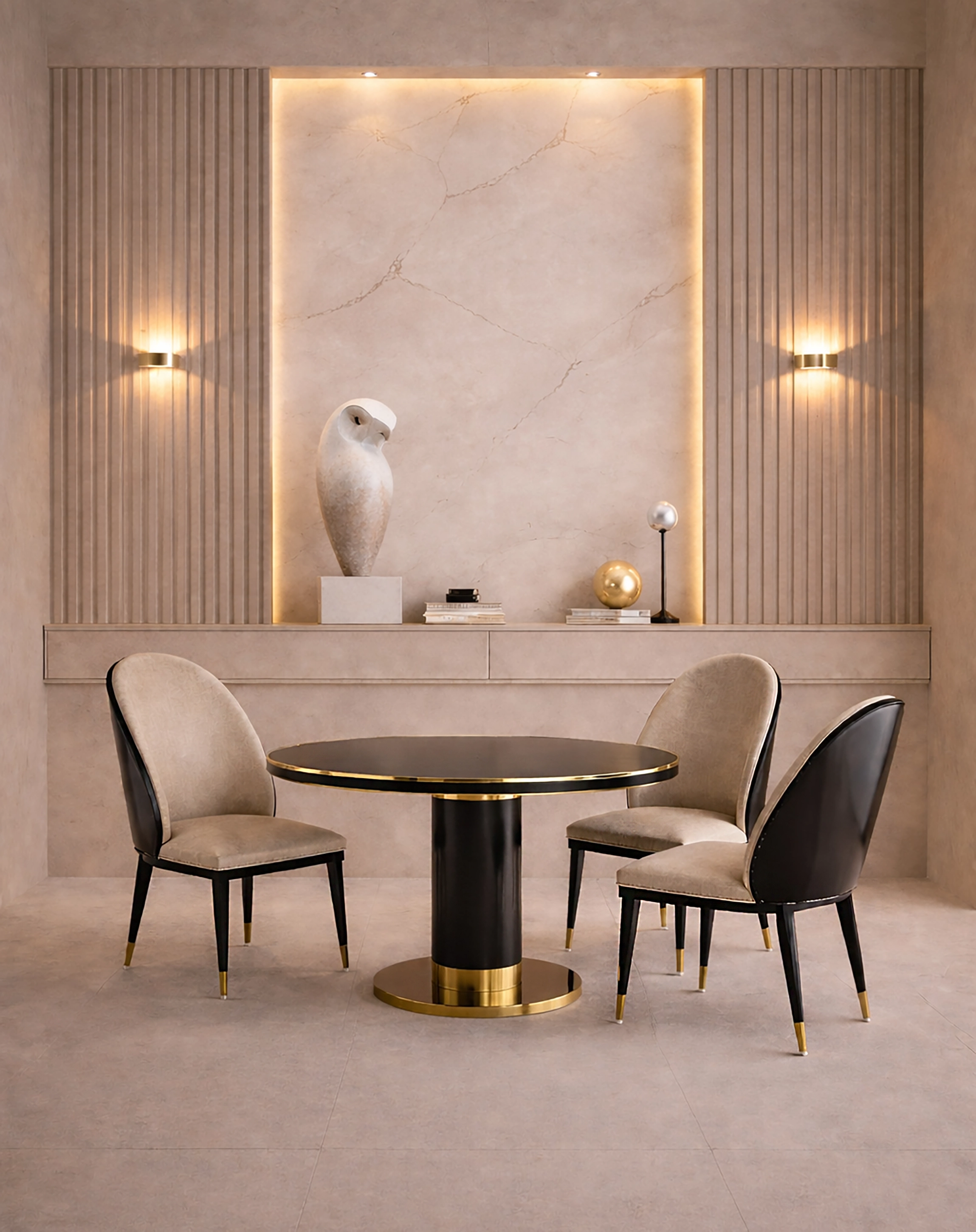 Table ronde et chaises, 90 cm, daim nacré — image 1