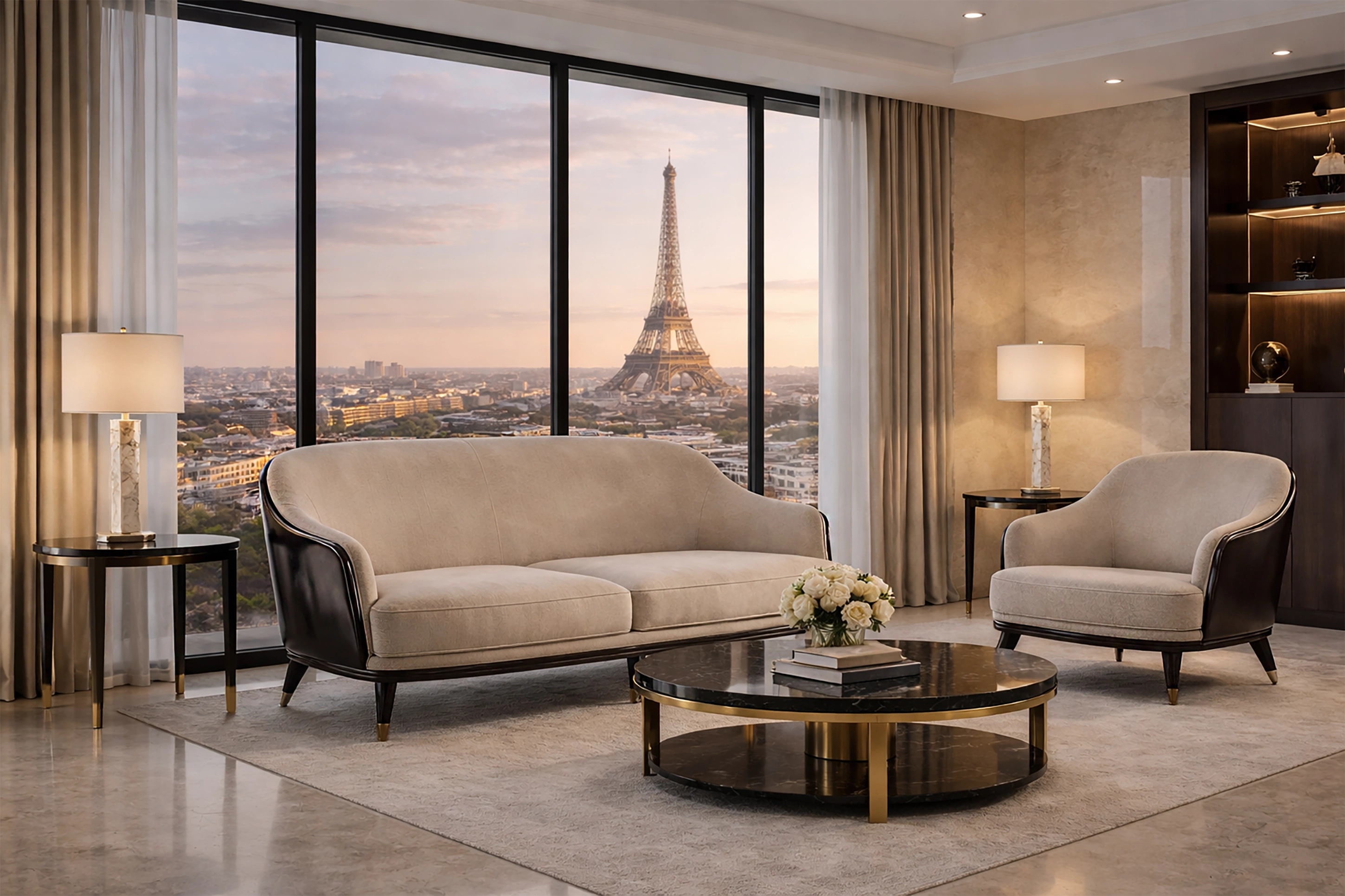 Ensemble canapé et fauteuil, daim nacré